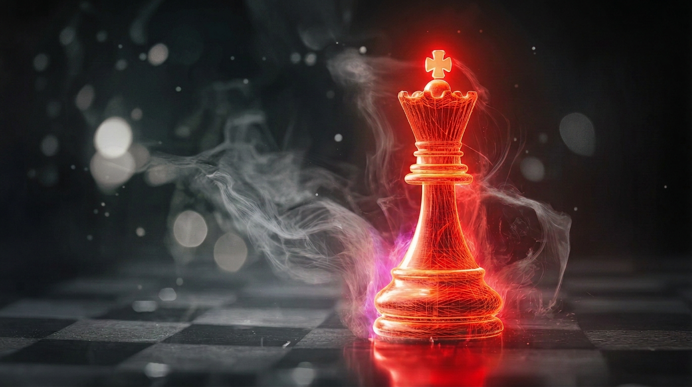 Glowing chess queen piece on a board. Strategy, power, and victory.