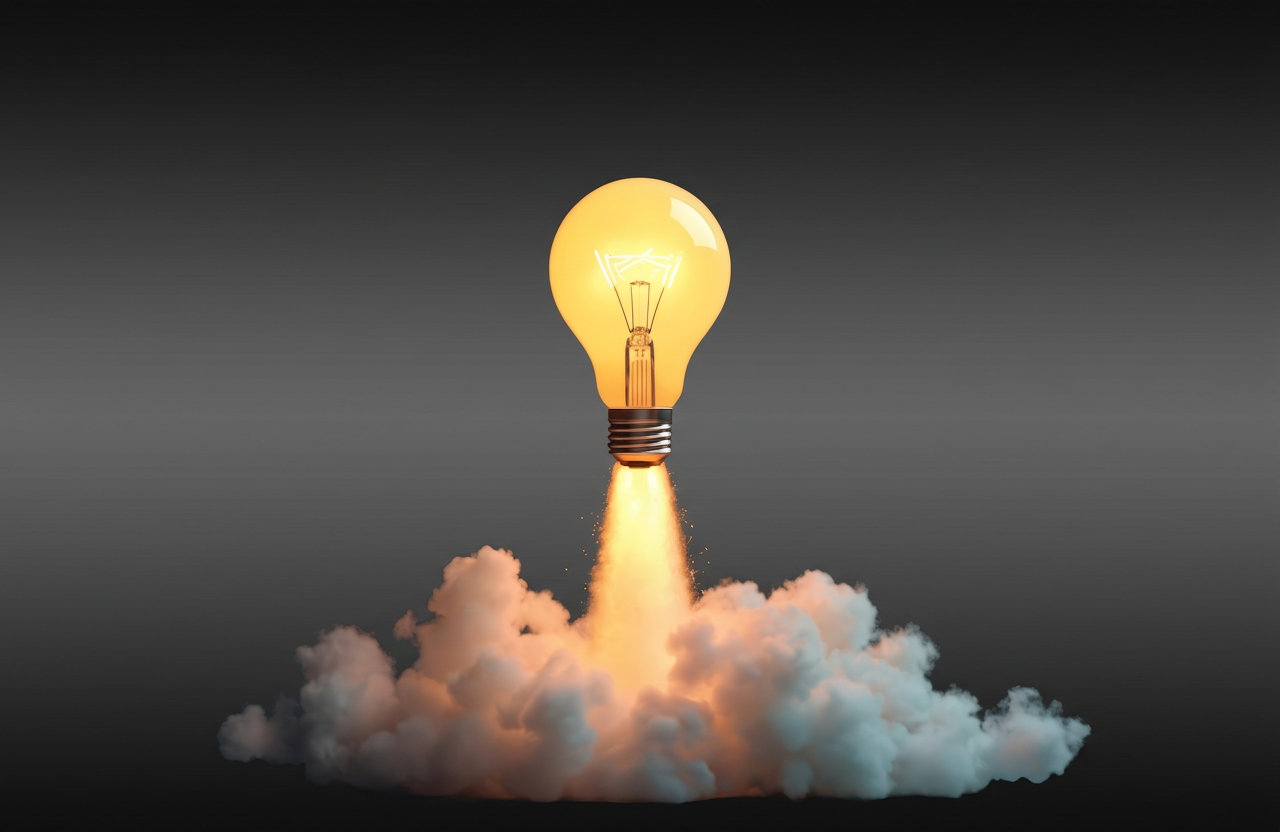Creative light bulb rocket takes off from clouds on dark background. Concept of successful start up launch. Smart ideas, creative thinking in business. Innovation, progress in tech.