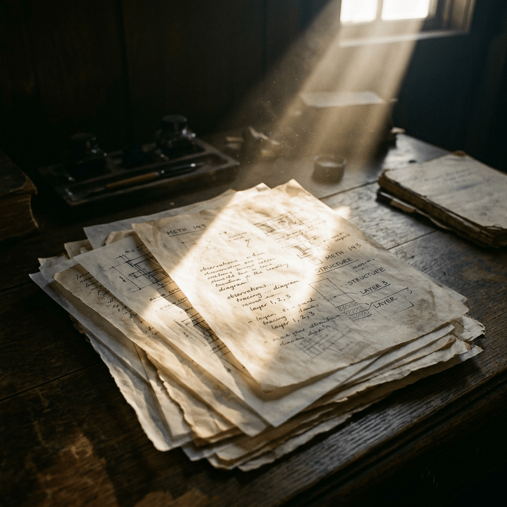 Old study notes with diagrams and handwritten text under sunlight