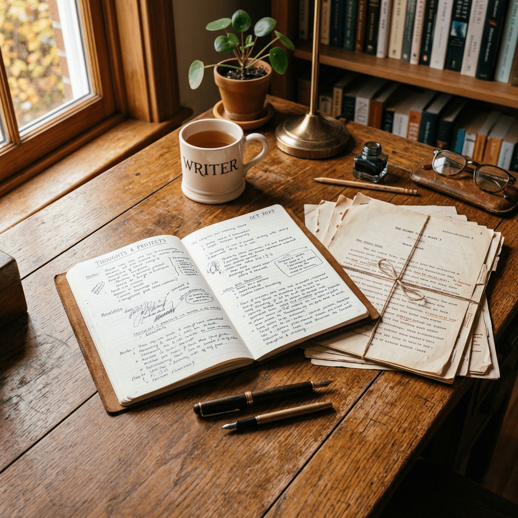 Open notebook with handwritten notes, stack of typed papers tied with string, pen, ink bottle, glasses, and a 'WRITER' mug filled with tea on wooden desk by window