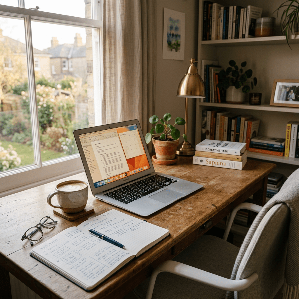 Home office desk with open laptop, notebook, coffee, plant, books, and shelves
